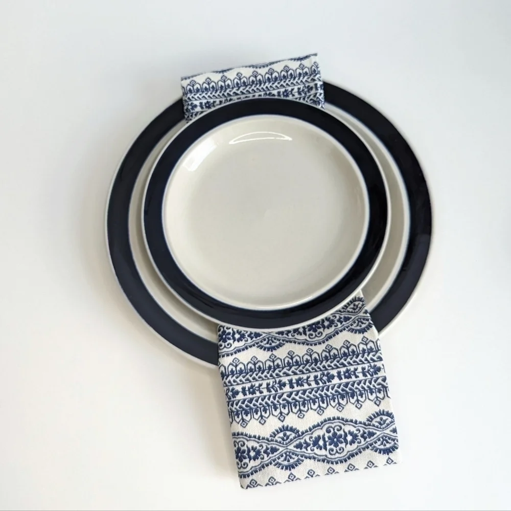 NWOT Set/ 6 Elrene Home Stripe Block Print Cotton Fabric Napkins Indigo, Natural
